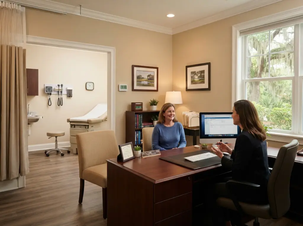 A female doctor and patient sit at addictions treatment center talking at a desk in a medical office, with an exam room in the background.